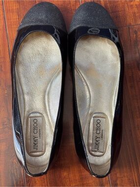 Jimmy Choo Black Patent Flats with Glitter Cap Toe